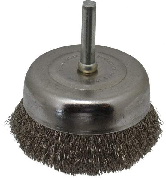 Made in USA - 2-3/4" Diam, 1/4" Shank Crimped Wire Stainless Steel Cup Brush - 0.008" Filament Diam, 5/8" Trim Length, 13,000 Max RPM - Exact Tool & Supply