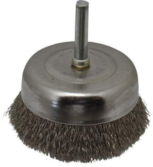 Made in USA - 2-3/4" Diam, 1/4" Shank Crimped Wire Stainless Steel Cup Brush - 0.008" Filament Diam, 5/8" Trim Length, 13,000 Max RPM - Exact Tool & Supply
