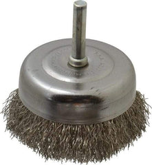 Made in USA - 2-3/4" Diam, 1/4" Shank Crimped Wire Stainless Steel Cup Brush - 0.0118" Filament Diam, 7/8" Trim Length, 13,000 Max RPM - Exact Tool & Supply