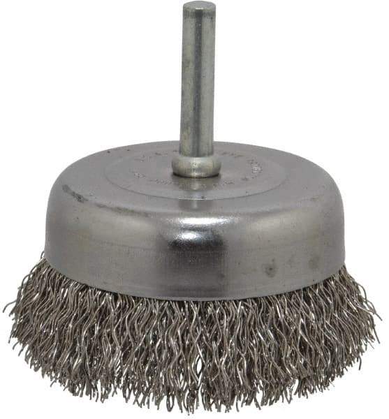 Made in USA - 2-3/4" Diam, 1/4" Shank Crimped Wire Stainless Steel Cup Brush - 0.014" Filament Diam, 7/8" Trim Length, 13,000 Max RPM - Exact Tool & Supply