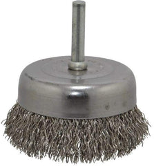 Made in USA - 2-3/4" Diam, 1/4" Shank Crimped Wire Stainless Steel Cup Brush - 0.014" Filament Diam, 7/8" Trim Length, 13,000 Max RPM - Exact Tool & Supply