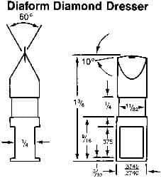 Made in USA - 0.015" Radius Single Point Diaform Diamond Dresser - 1-3/4" Long x 1/4" Shank Diam, 60° Included Angle - Exact Tool & Supply