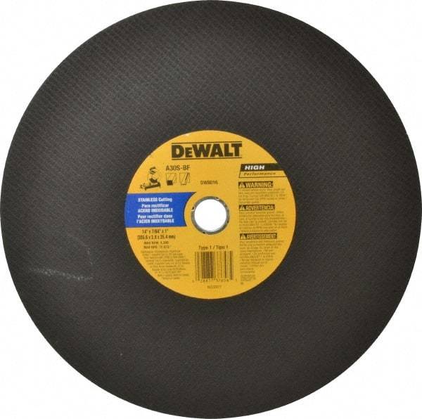 DeWALT - 14" Aluminum Oxide Cutoff Wheel - 7/64" Thick, 1" Arbor, 4,300 Max RPM, Use with Stationary Tools - Exact Tool & Supply