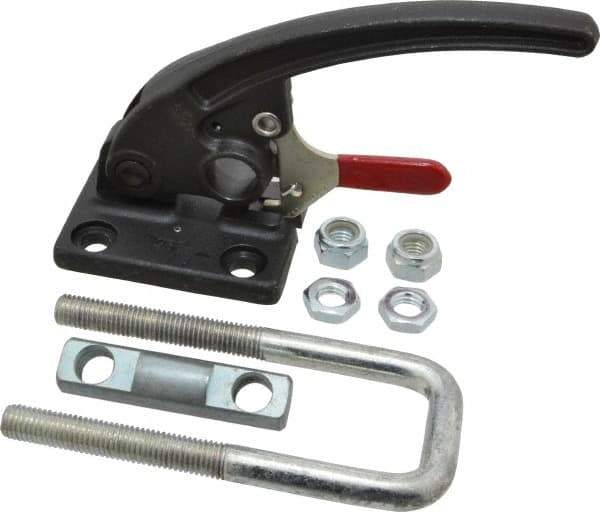 De-Sta-Co - 7,500 Lb Capacity, Horizontal, U Hook, Flanged Base, Carbon Steel Pull Action Latch Clamp - 2.19" Drawing Movement, 9.65" OAL, Threaded U Hook, Straight Handle - Exact Tool & Supply