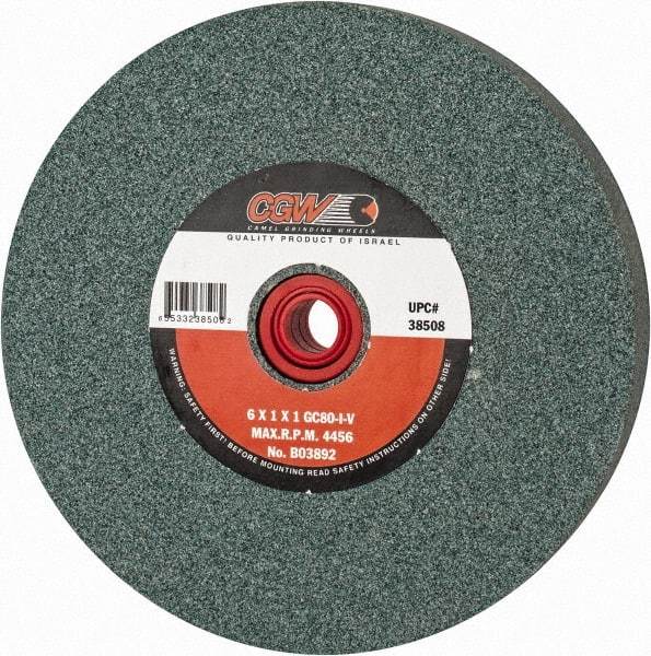 Camel Grinding Wheels - 80 Grit Silicon Carbide Bench & Pedestal Grinding Wheel - 6" Diam x 1" Hole x 1" Thick, 4456 Max RPM, I Hardness, Medium Grade , Vitrified Bond - Exact Tool & Supply