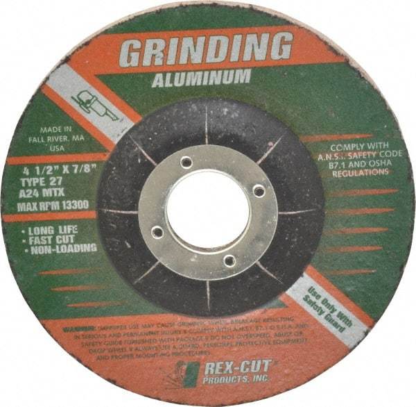 Rex Cut Product - 24 Grit, 4-1/2" Wheel Diam, 1/4" Wheel Thickness, 7/8" Arbor Hole, Type 27 Depressed Center Wheel - Aluminum Oxide, Resinoid Bond, 13,300 Max RPM, Compatible with Angle Grinder - Exact Tool & Supply