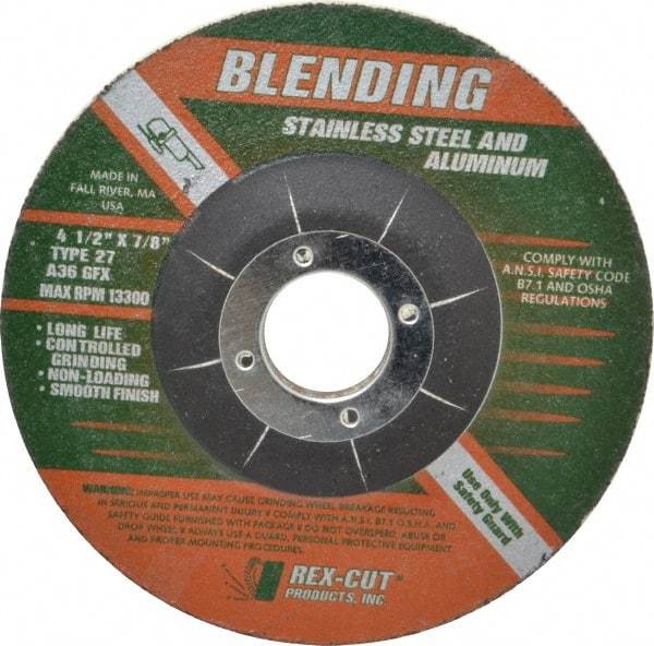 Rex Cut Product - 36 Grit, 4-1/2" Wheel Diam, 1/4" Wheel Thickness, 7/8" Arbor Hole, Type 27 Depressed Center Wheel - Aluminum Oxide, Rubber Bond, 13,300 Max RPM, Compatible with Angle Grinder - Exact Tool & Supply