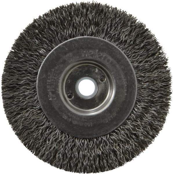 Weiler - 4" OD, 1/2" Arbor Hole, Crimped Steel Wheel Brush - 1/2" Face Width, 7/8" Trim Length, 0.014" Filament Diam, 12,500 RPM - Exact Tool & Supply