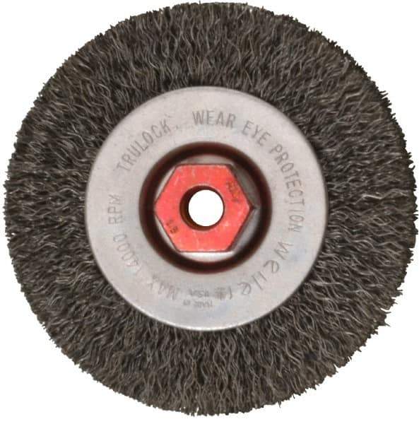Weiler - 4" OD, M10x1.50 Arbor Hole, Crimped Steel Wheel Brush - 1/2" Face Width, 7/8" Trim Length, 0.014" Filament Diam, 14,000 RPM - Exact Tool & Supply