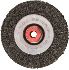 Weiler - 4" OD, M10x1.50 Arbor Hole, Crimped Steel Wheel Brush - 1/2" Face Width, 7/8" Trim Length, 0.014" Filament Diam, 14,000 RPM - Exact Tool & Supply