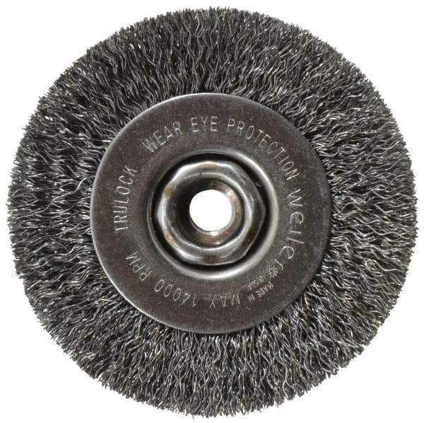 Weiler - 4" OD, 1/2-13 Arbor Hole, Crimped Steel Wheel Brush - 1/2" Face Width, 7/8" Trim Length, 0.014" Filament Diam, 14,000 RPM - Exact Tool & Supply