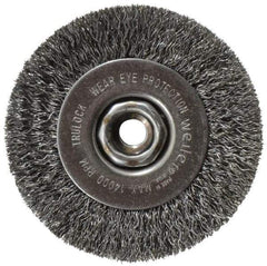Weiler - 4" OD, 1/2-13 Arbor Hole, Crimped Steel Wheel Brush - 1/2" Face Width, 7/8" Trim Length, 0.014" Filament Diam, 14,000 RPM - Exact Tool & Supply