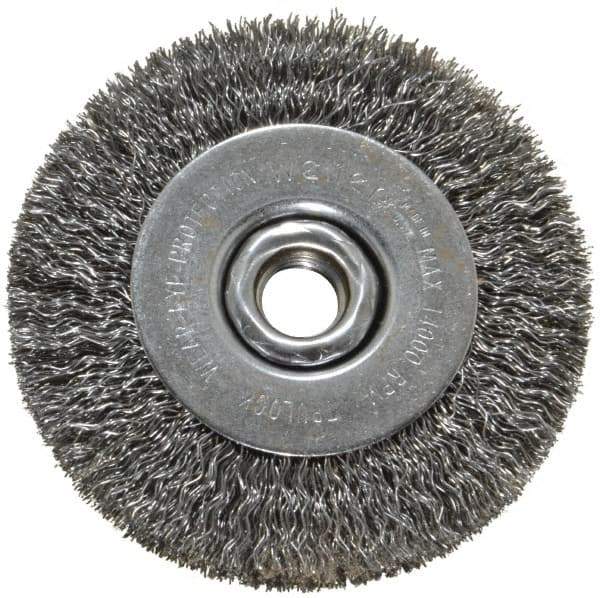 Weiler - 4" OD, 5/8-11 Arbor Hole, Crimped Steel Wheel Brush - 1/2" Face Width, 7/8" Trim Length, 0.014" Filament Diam, 14,000 RPM - Exact Tool & Supply