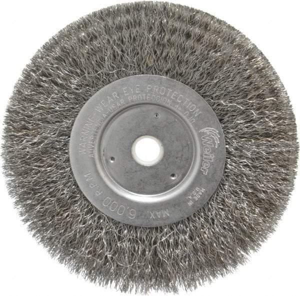 Weiler - 6" OD, 5/8" Arbor Hole, Crimped Steel Wheel Brush - 3/4" Face Width, 1-7/16" Trim Length, 0.0104" Filament Diam, 6,000 RPM - Exact Tool & Supply