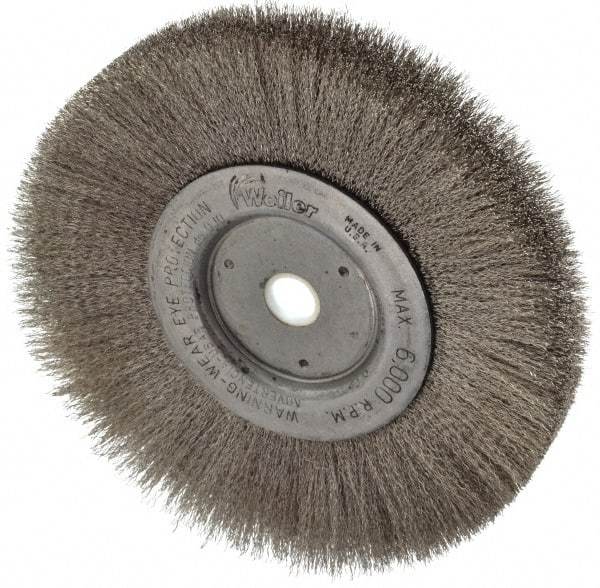 Weiler - 6" OD, 5/8" Arbor Hole, Crimped Stainless Steel Wheel Brush - 3/4" Face Width, 1-7/16" Trim Length, 0.006" Filament Diam, 6,000 RPM - Exact Tool & Supply