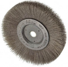 Weiler - 6" OD, 5/8" Arbor Hole, Crimped Stainless Steel Wheel Brush - 3/4" Face Width, 1-7/16" Trim Length, 0.006" Filament Diam, 6,000 RPM - Exact Tool & Supply