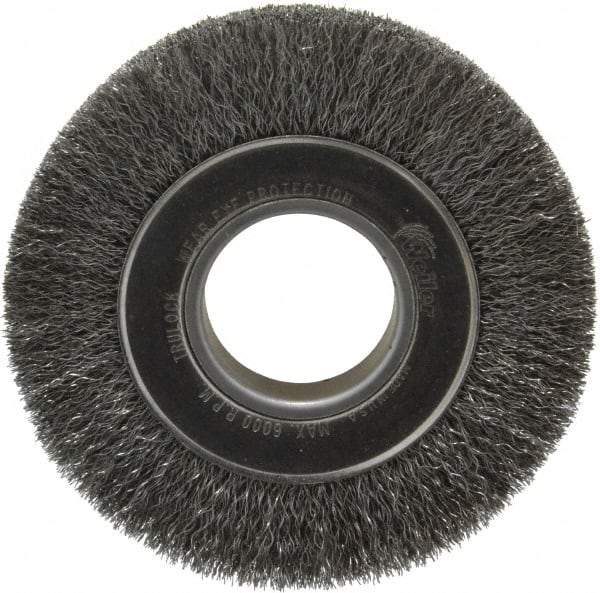 Weiler - 6" OD, 2" Arbor Hole, Crimped Steel Wheel Brush - 1" Face Width, 1-1/8" Trim Length, 0.0104" Filament Diam, 6,000 RPM - Exact Tool & Supply