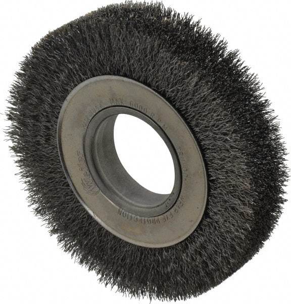 Weiler - 6" OD, 2" Arbor Hole, Crimped Steel Wheel Brush - 1-1/4" Face Width, 1-1/8" Trim Length, 0.0104" Filament Diam, 6,000 RPM - Exact Tool & Supply