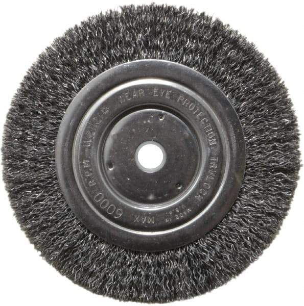 Weiler - 6" OD, 5/8" Arbor Hole, Crimped Steel Wheel Brush - 5/8" Face Width, 1-1/16" Trim Length, 0.014" Filament Diam, 6,000 RPM - Exact Tool & Supply