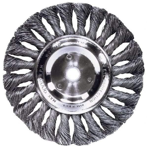 Weiler - 4" OD, M14x2.00 Arbor Hole, Knotted Steel Wheel Brush - 1/2" Face Width, 7/8" Trim Length, 0.014" Filament Diam, 20,000 RPM - Exact Tool & Supply