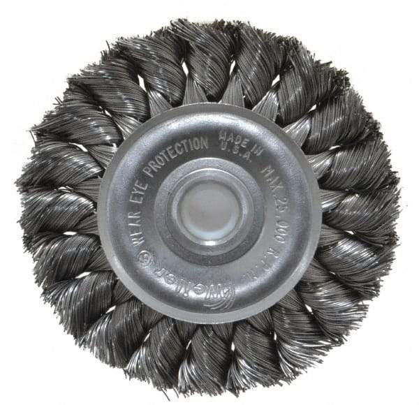 Weiler - 3" OD, 1/2" Arbor Hole, Knotted Steel Wheel Brush - 3/8" Face Width, 5/8" Trim Length, 0.0118" Filament Diam, 25,000 RPM - Exact Tool & Supply