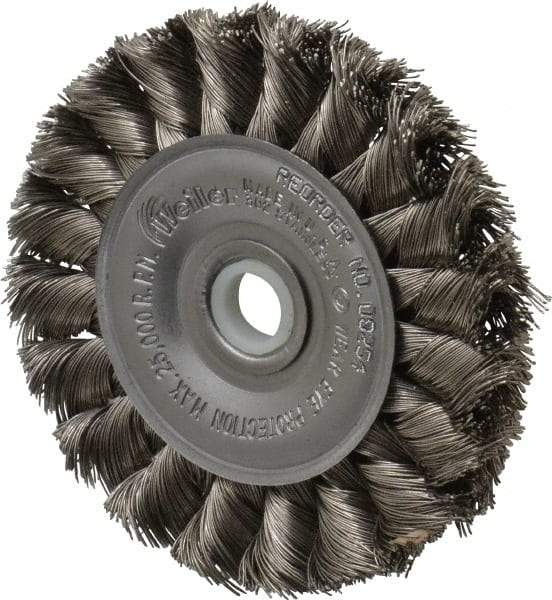 Weiler - 3" OD, 1/2" Arbor Hole, Knotted Stainless Steel Wheel Brush - 3/8" Face Width, 5/8" Trim Length, 0.0118" Filament Diam, 25,000 RPM - Exact Tool & Supply