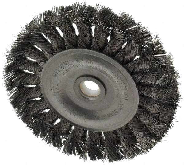 Weiler - 4" OD, 1/2" Arbor Hole, Knotted Steel Wheel Brush - 1/2" Face Width, 7/8" Trim Length, 0.0118" Filament Diam, 20,000 RPM - Exact Tool & Supply