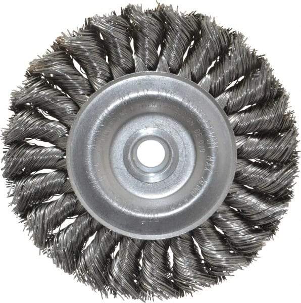 Weiler - 4" OD, 1/2" Arbor Hole, Knotted Steel Wheel Brush - 1/2" Face Width, 7/8" Trim Length, 0.014" Filament Diam, 20,000 RPM - Exact Tool & Supply
