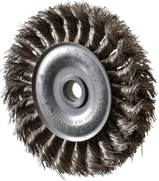 Weiler - 4" OD, 1/2" Arbor Hole, Knotted Stainless Steel Wheel Brush - 1/2" Face Width, 7/8" Trim Length, 0.014" Filament Diam, 20,000 RPM - Exact Tool & Supply
