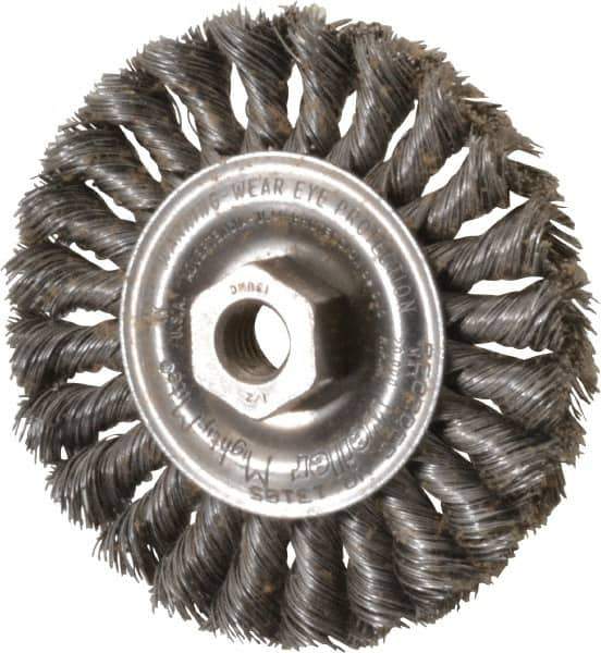 Weiler - 4" OD, 1/2-13 Arbor Hole, Knotted Steel Wheel Brush - 1/2" Face Width, 7/8" Trim Length, 0.014" Filament Diam, 20,000 RPM - Exact Tool & Supply
