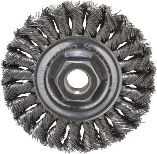 Weiler - 4" OD, 5/8-11 Arbor Hole, Knotted Steel Wheel Brush - 1/2" Face Width, 7/8" Trim Length, 0.014" Filament Diam, 20,000 RPM - Exact Tool & Supply