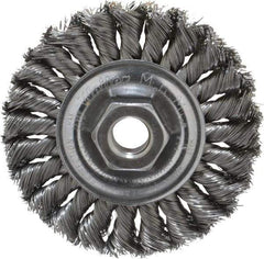 Weiler - 4" OD, 5/8-11 Arbor Hole, Knotted Steel Wheel Brush - 1/2" Face Width, 7/8" Trim Length, 0.014" Filament Diam, 20,000 RPM - Exact Tool & Supply