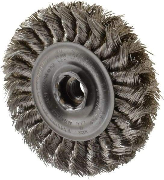 Weiler - 4" OD, 1/2-13 Arbor Hole, Knotted Stainless Steel Wheel Brush - 1/2" Face Width, 7/8" Trim Length, 0.014" Filament Diam, 20,000 RPM - Exact Tool & Supply