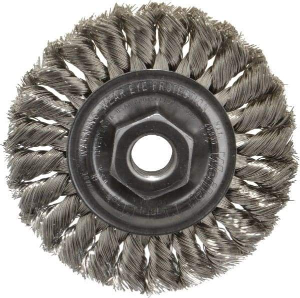Weiler - 4" OD, 5/8-11 Arbor Hole, Knotted Stainless Steel Wheel Brush - 1/2" Face Width, 7/8" Trim Length, 0.014" Filament Diam, 20,000 RPM - Exact Tool & Supply