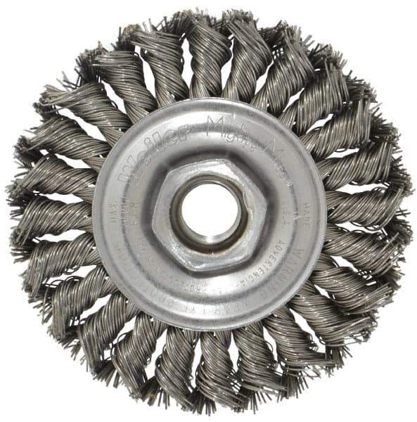 Weiler - 4" OD, 5/8-11 Arbor Hole, Knotted Steel Wheel Brush - 1/2" Face Width, 7/8" Trim Length, 0.02" Filament Diam, 20,000 RPM - Exact Tool & Supply