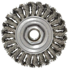 Weiler - 4" OD, 5/8-11 Arbor Hole, Knotted Steel Wheel Brush - 1/2" Face Width, 7/8" Trim Length, 0.02" Filament Diam, 20,000 RPM - Exact Tool & Supply