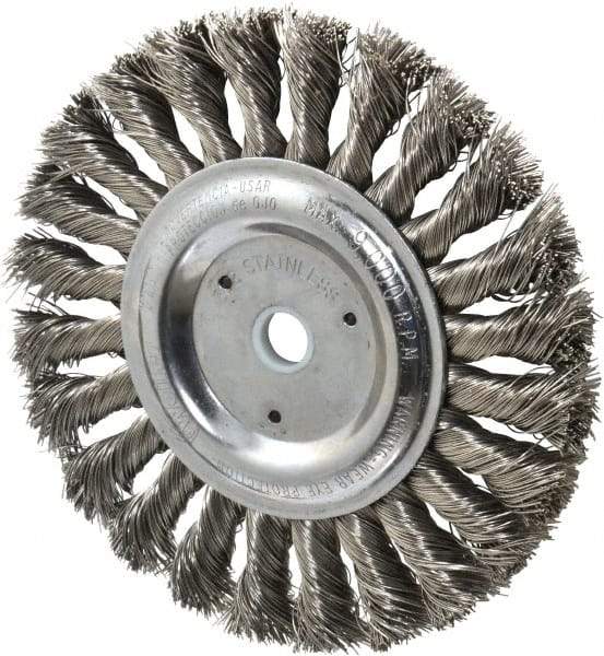 Weiler - 6" OD, 5/8" Arbor Hole, Knotted Stainless Steel Wheel Brush - 1/2" Face Width, 1-3/8" Trim Length, 0.016" Filament Diam, 9,000 RPM - Exact Tool & Supply