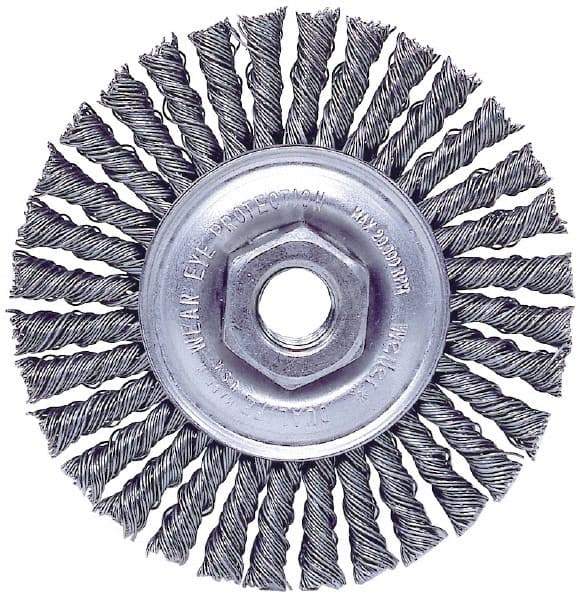 Weiler - 4" OD, M10x1.50 Arbor Hole, Knotted Steel Wheel Brush - 3/16" Face Width, 7/8" Trim Length, 0.02" Filament Diam, 20,000 RPM - Exact Tool & Supply