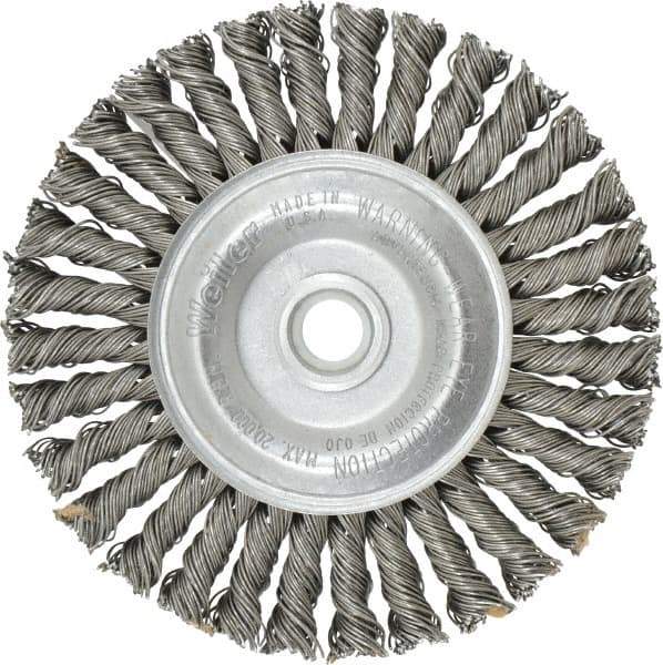 Weiler - 4" OD, 1/2" Arbor Hole, Knotted Steel Wheel Brush - 3/16" Face Width, 7/8" Trim Length, 0.02" Filament Diam, 20,000 RPM - Exact Tool & Supply