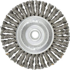 Weiler - 4" OD, 1/2" Arbor Hole, Knotted Steel Wheel Brush - 3/16" Face Width, 7/8" Trim Length, 0.02" Filament Diam, 20,000 RPM - Exact Tool & Supply