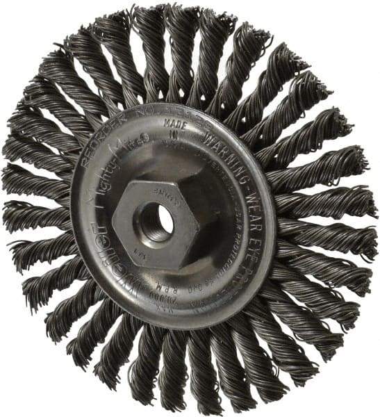 Weiler - 4" OD, 3/8-24 Arbor Hole, Knotted Steel Wheel Brush - 3/16" Face Width, 7/8" Trim Length, 0.02" Filament Diam, 20,000 RPM - Exact Tool & Supply