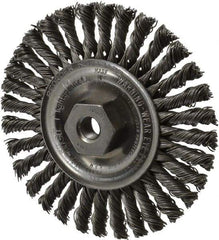 Weiler - 4" OD, 3/8-24 Arbor Hole, Knotted Steel Wheel Brush - 3/16" Face Width, 7/8" Trim Length, 0.02" Filament Diam, 20,000 RPM - Exact Tool & Supply