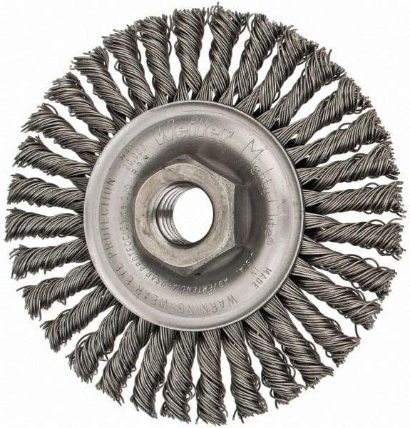 Weiler - 4" OD, 5/8-11 Arbor Hole, Knotted Steel Wheel Brush - 3/16" Face Width, 7/8" Trim Length, 0.02" Filament Diam, 20,000 RPM - Exact Tool & Supply