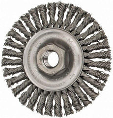 Weiler - 4" OD, 5/8-11 Arbor Hole, Knotted Steel Wheel Brush - 3/16" Face Width, 7/8" Trim Length, 0.02" Filament Diam, 20,000 RPM - Exact Tool & Supply
