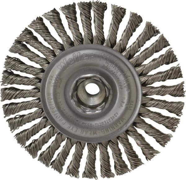 Weiler - 4" OD, 3/8-24 Arbor Hole, Knotted Stainless Steel Wheel Brush - 3/16" Face Width, 7/8" Trim Length, 0.02" Filament Diam, 20,000 RPM - Exact Tool & Supply
