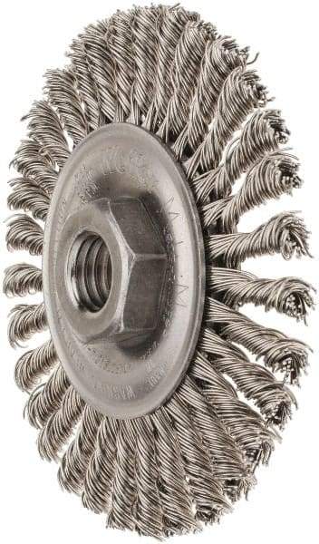 Weiler - 4" OD, 5/8-11 Arbor Hole, Knotted Stainless Steel Wheel Brush - 3/16" Face Width, 7/8" Trim Length, 0.02" Filament Diam, 20,000 RPM - Exact Tool & Supply