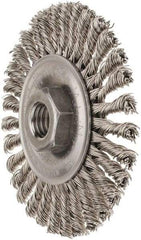 Weiler - 4" OD, 5/8-11 Arbor Hole, Knotted Stainless Steel Wheel Brush - 3/16" Face Width, 7/8" Trim Length, 0.02" Filament Diam, 20,000 RPM - Exact Tool & Supply