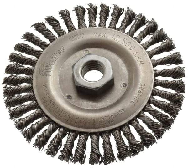 Weiler - 5" OD, 5/8-11 Arbor Hole, Knotted Steel Wheel Brush - 3/16" Face Width, 7/8" Trim Length, 0.02" Filament Diam, 12,500 RPM - Exact Tool & Supply