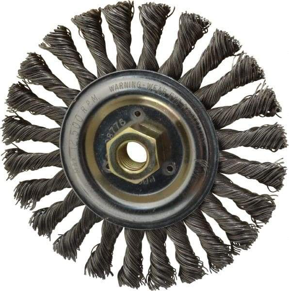 Weiler - 6" OD, 5/8-11 Arbor Hole, Knotted Steel Wheel Brush - 1/2" Face Width, 1-3/8" Trim Length, 0.023" Filament Diam, 12,500 RPM - Exact Tool & Supply