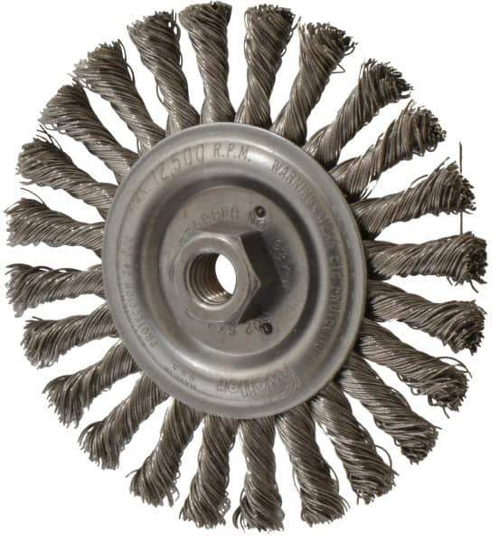 Weiler - 6" OD, 5/8-11 Arbor Hole, Knotted Stainless Steel Wheel Brush - 1/2" Face Width, 1-3/8" Trim Length, 0.023" Filament Diam, 12,500 RPM - Exact Tool & Supply